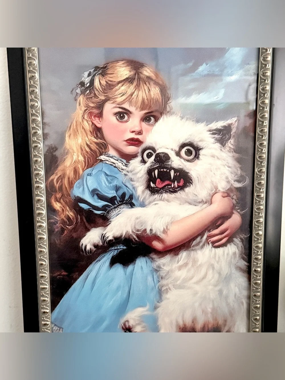Surreal Spooky Whimsical Girl w/ Dog Scary Canvas Art Print Vintage Framed 12x22
